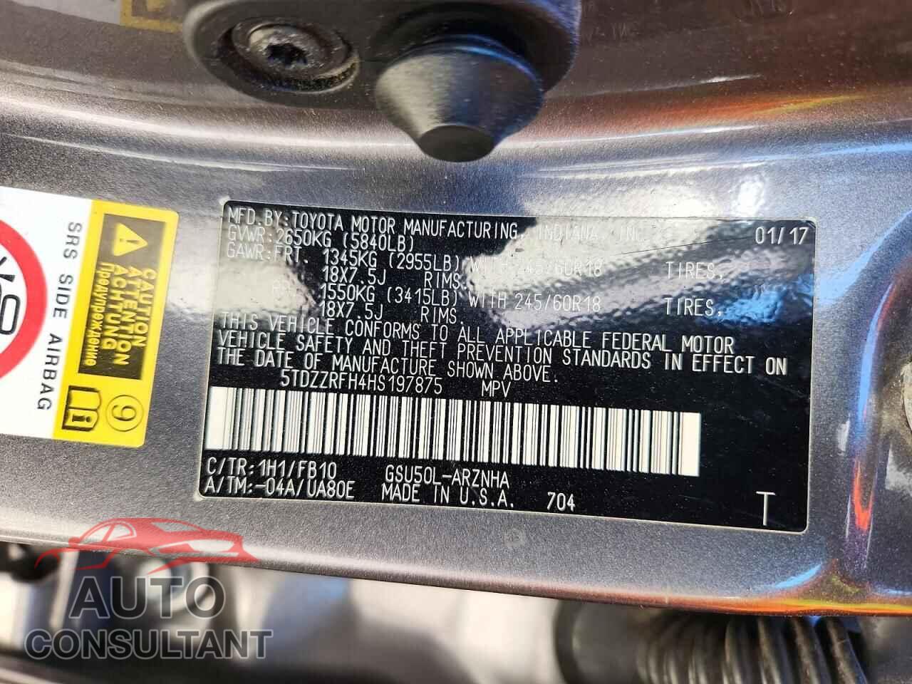 TOYOTA HIGHLANDER 2017 - 5TDZZRFH4HS197875