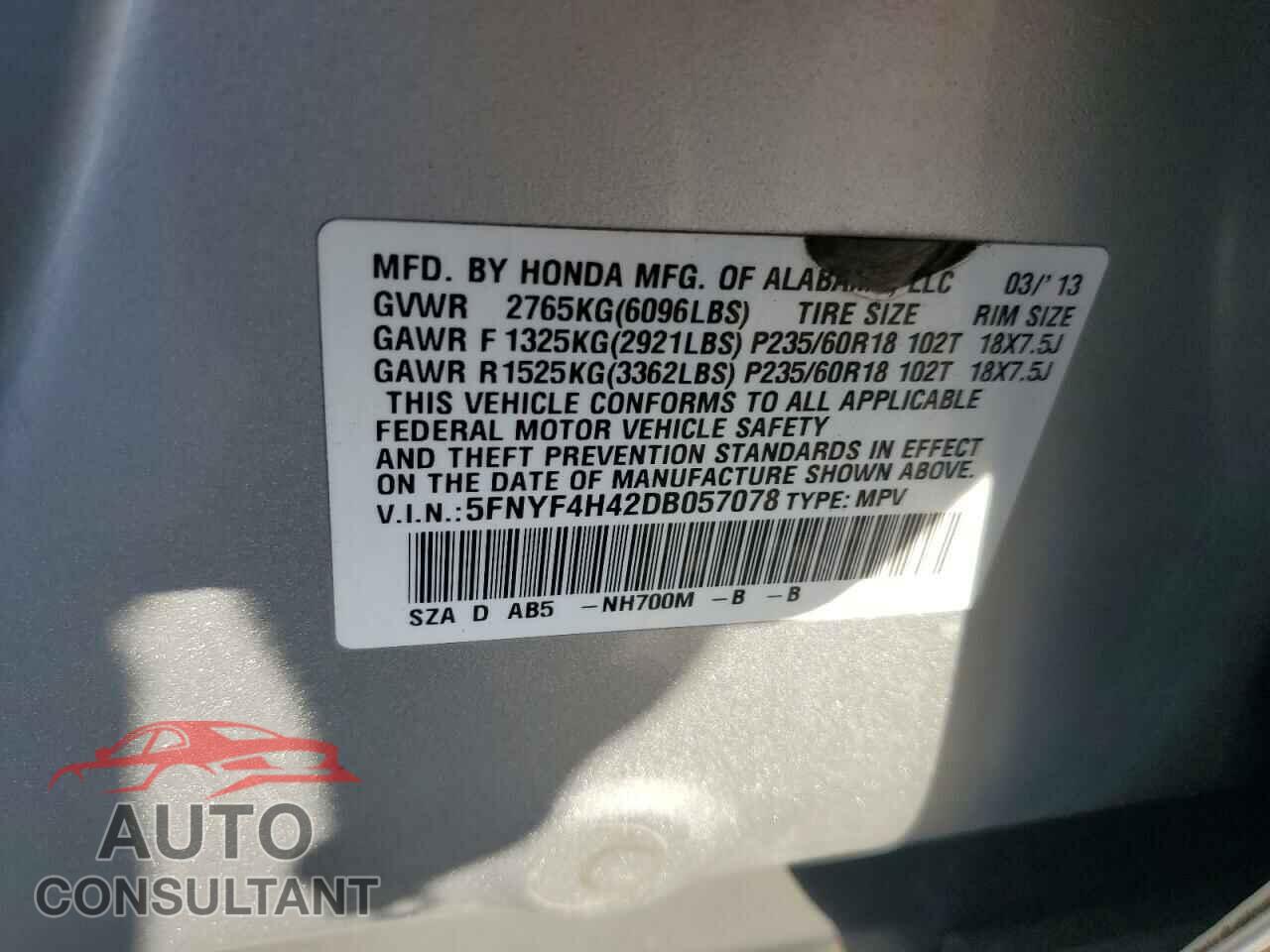 HONDA PILOT 2013 - 5FNYF4H42DB057078