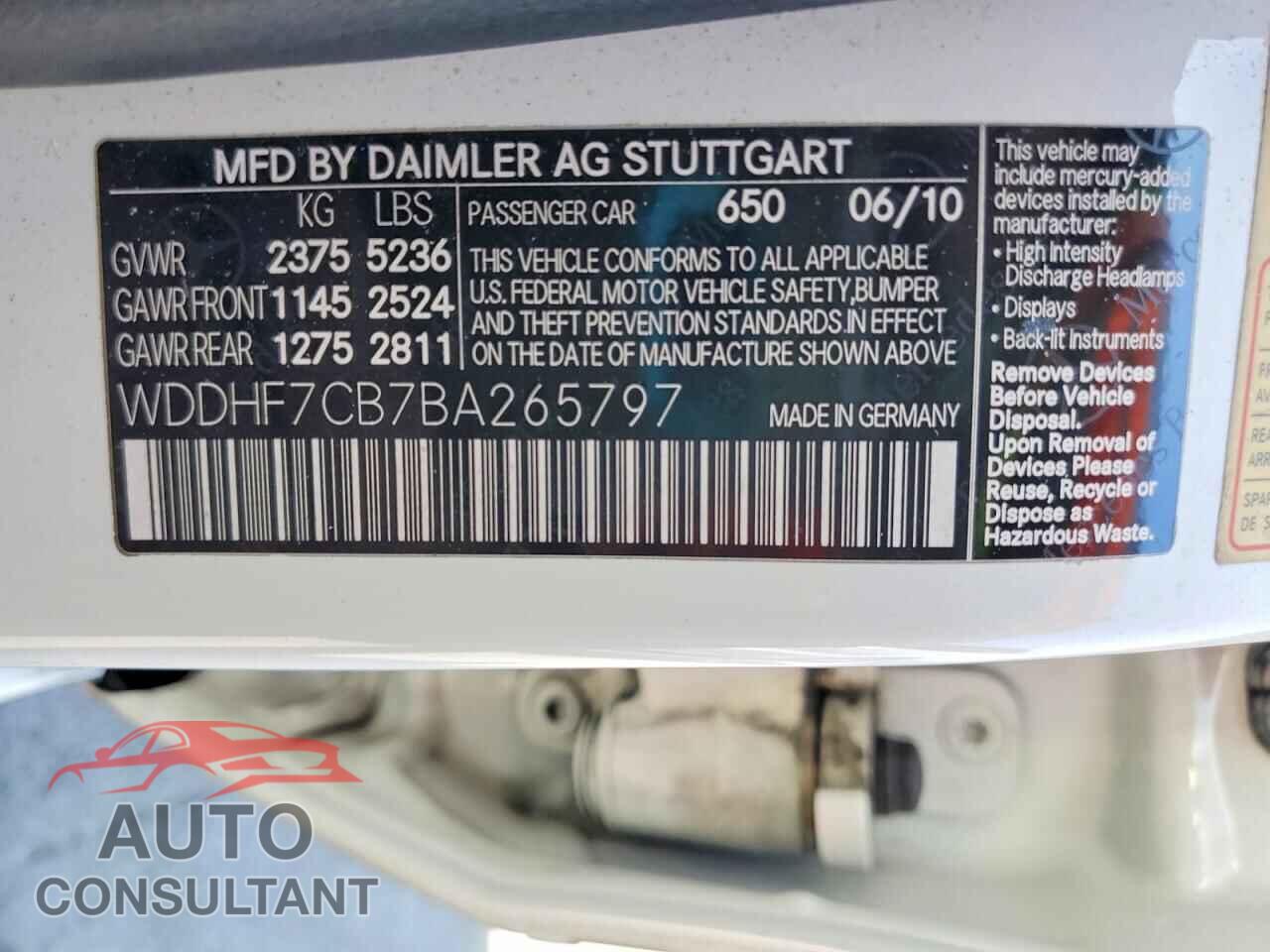 MERCEDES-BENZ E-CLASS 2011 - WDDHF7CB7BA265797