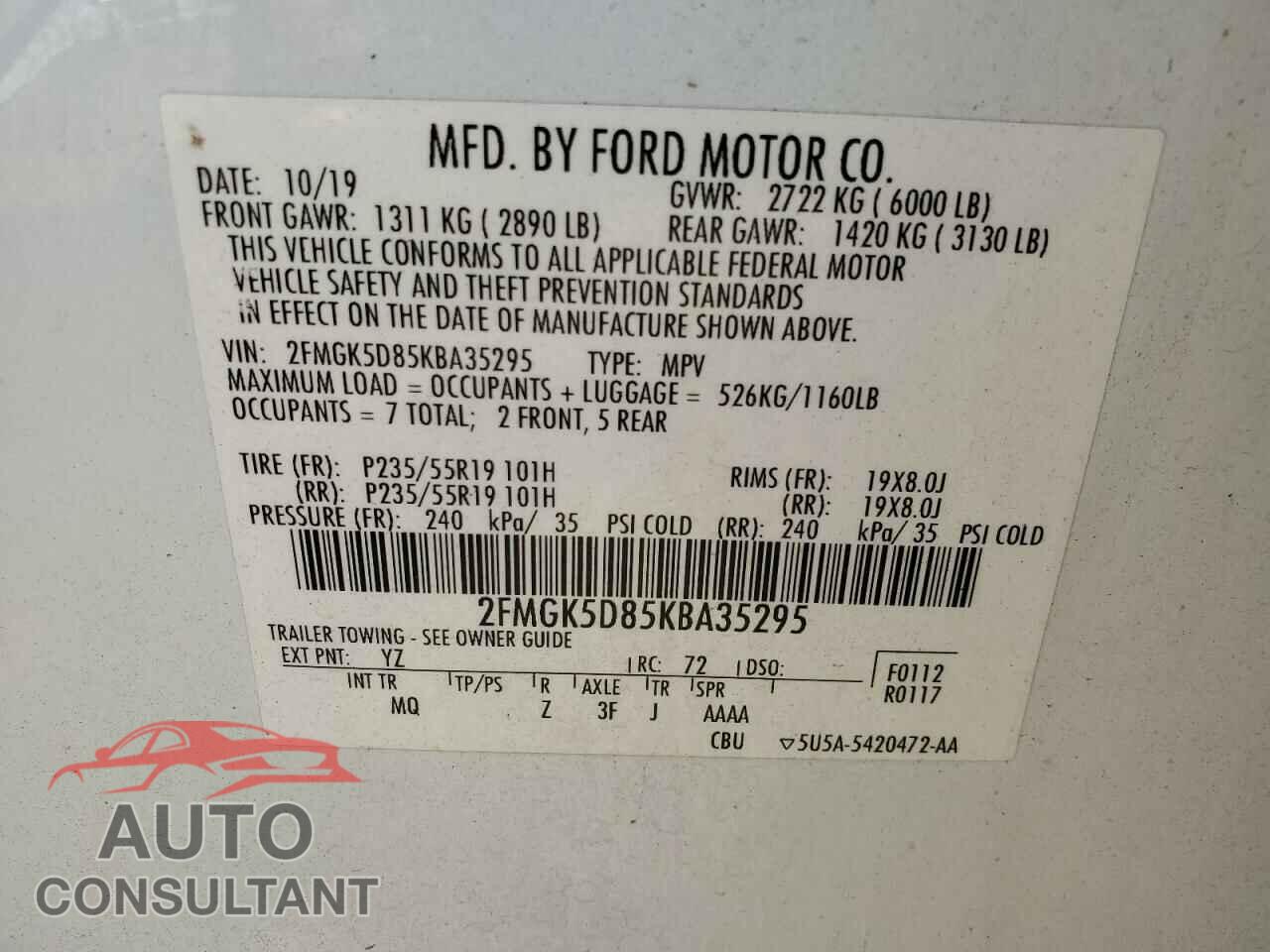 FORD FLEX 2019 - 2FMGK5D85KBA35295
