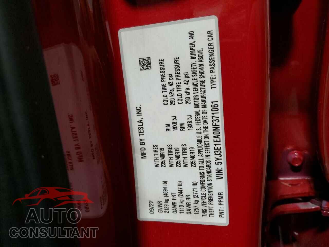 TESLA MODEL 3 2022 - 5YJ3E1EA0NF371061
