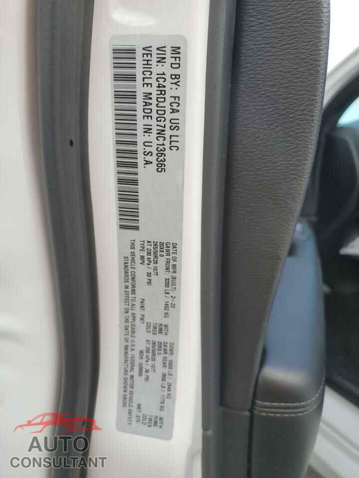 DODGE DURANGO 2022 - 1C4RDJDG7NC136365