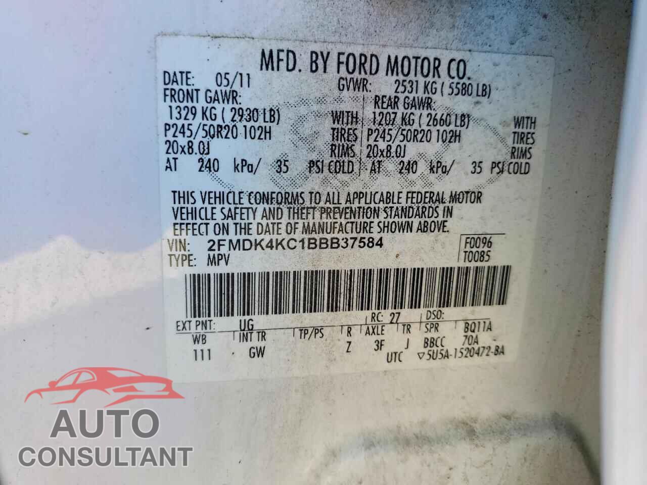 FORD EDGE 2011 - 2FMDK4KC1BBB37584