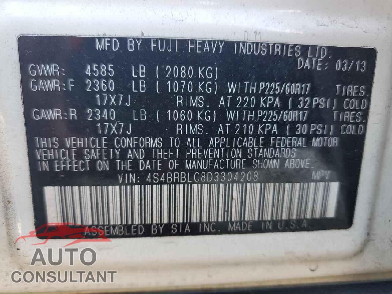 SUBARU OUTBACK 2013 - 4S4BRBLC8D3304208