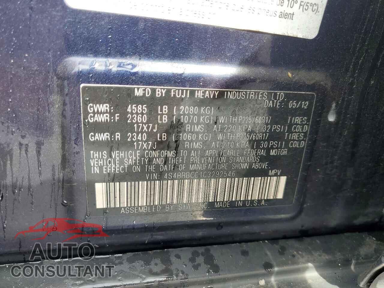 SUBARU OUTBACK 2012 - 4S4BRBCC1C3292546