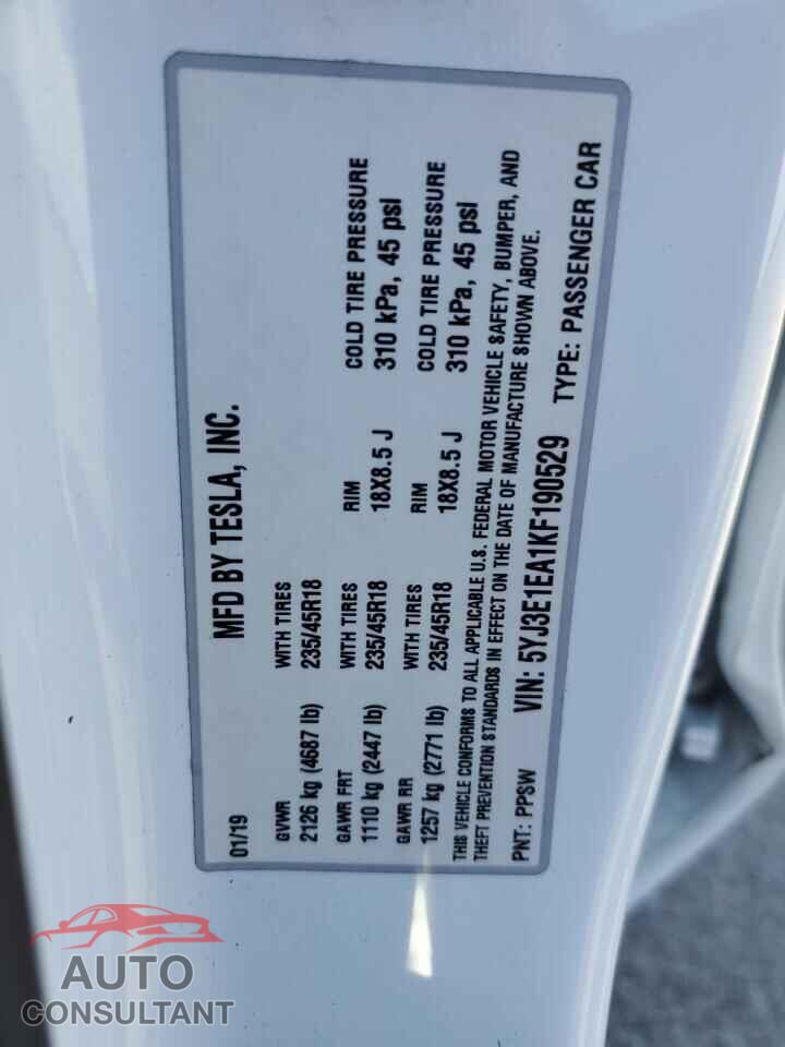 TESLA MODEL 3 2019 - 5YJ3E1EA1KF190529