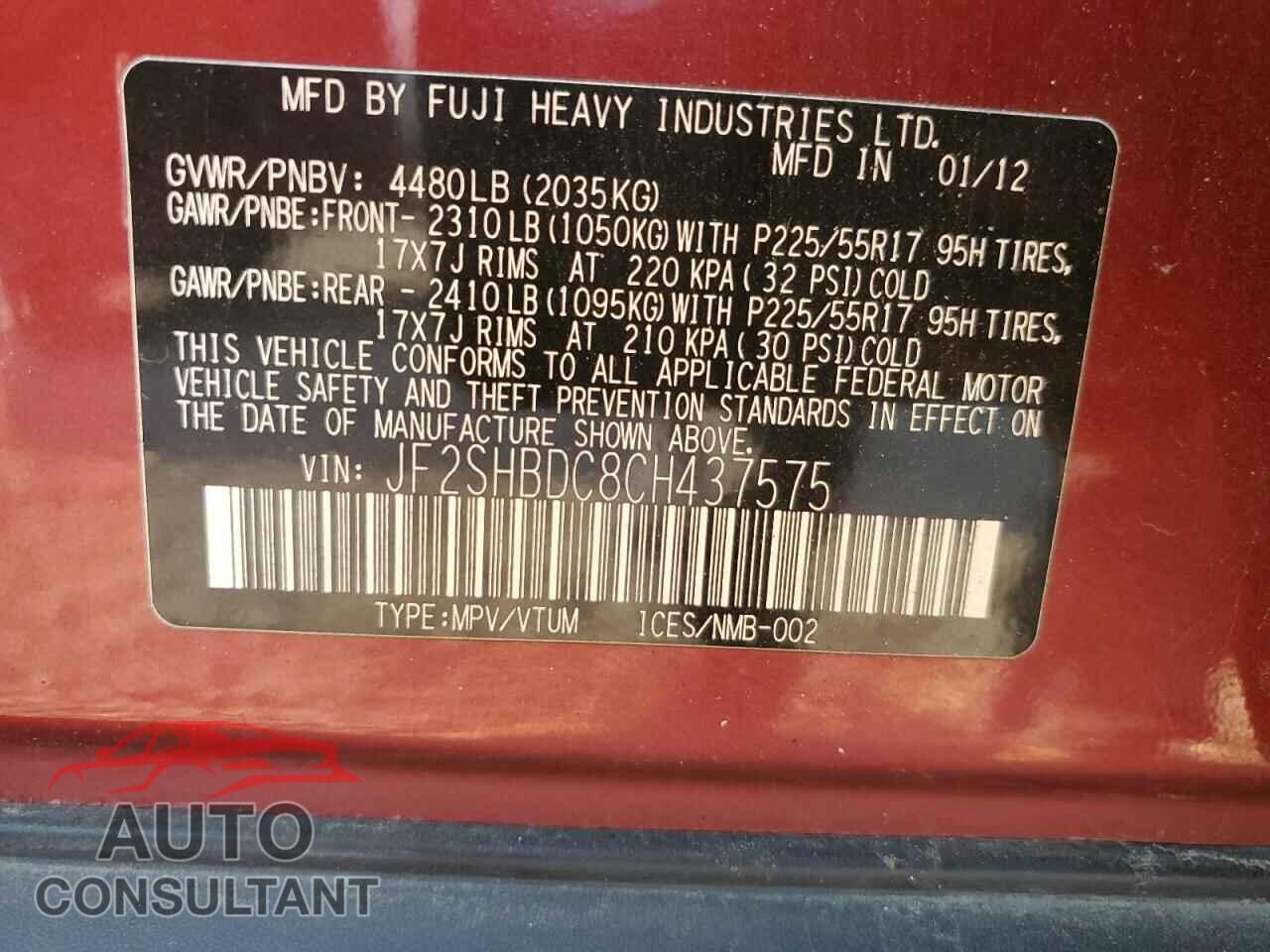SUBARU FORESTER 2012 - JF2SHBDC8CH437575
