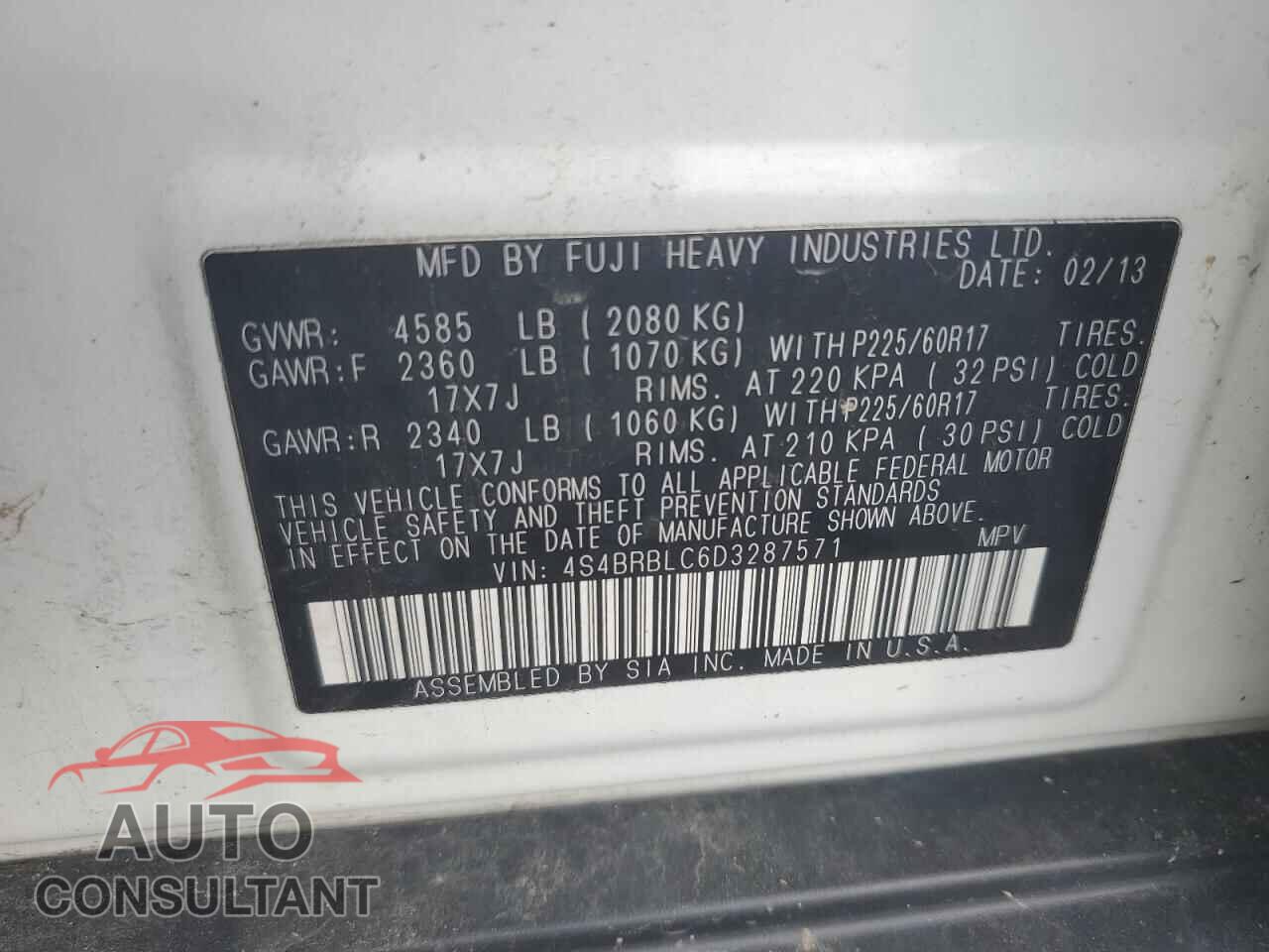 SUBARU OUTBACK 2013 - 4S4BRBLC6D3287571