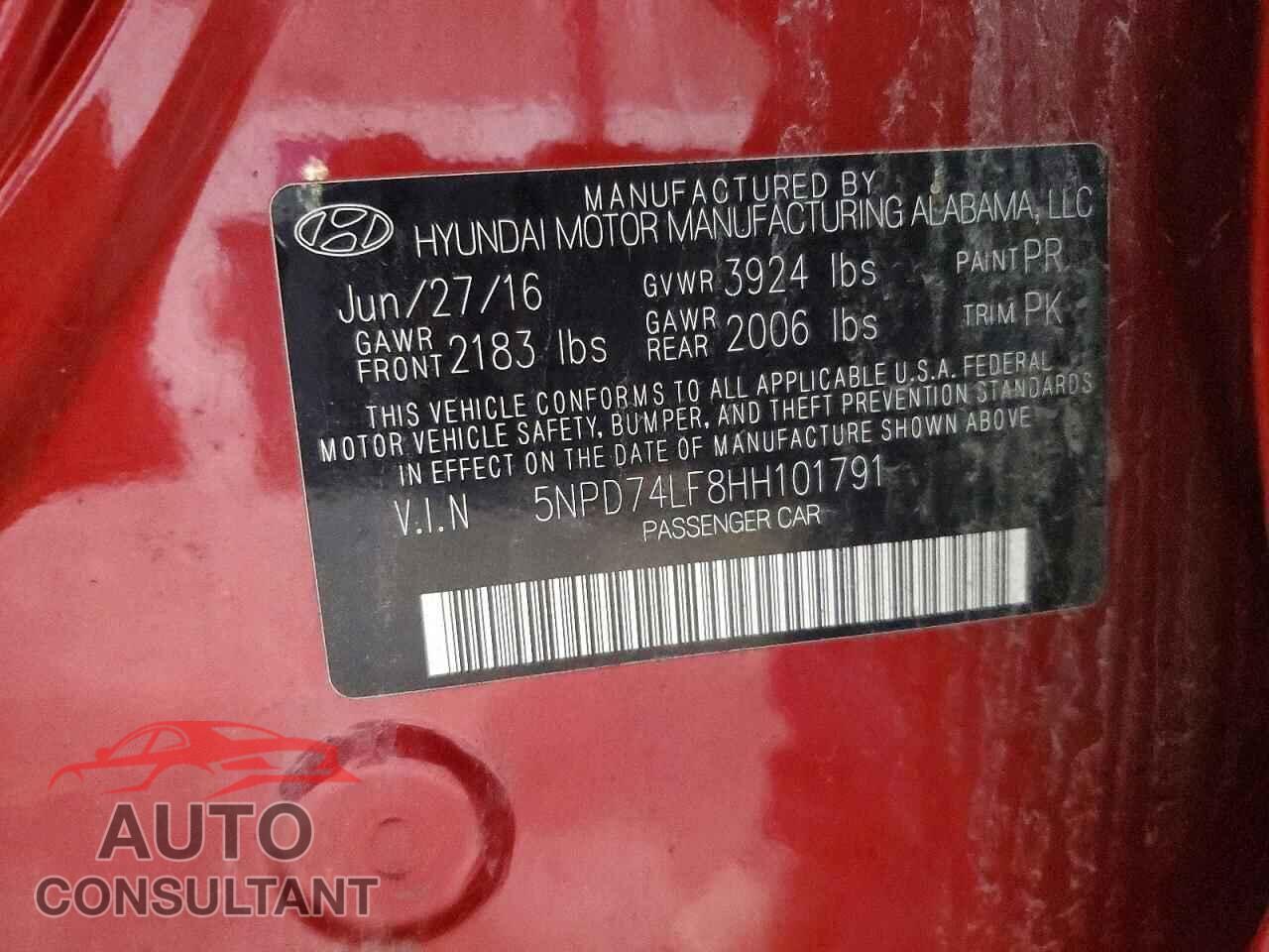 HYUNDAI ELANTRA 2017 - 5NPD74LF8HH101791