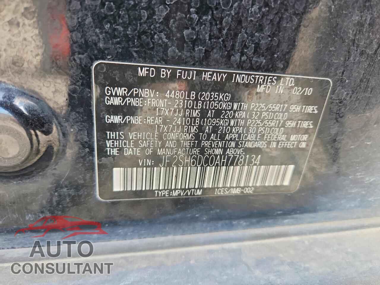 SUBARU FORESTER 2010 - JF2SH6DC0AH778134