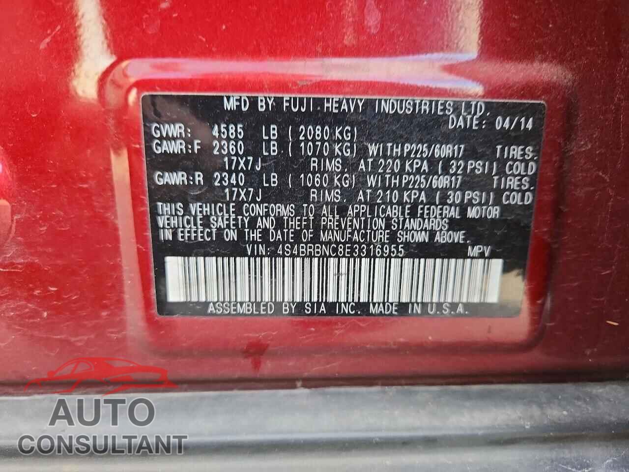SUBARU OUTBACK 2014 - 4S4BRBNC8E3316955