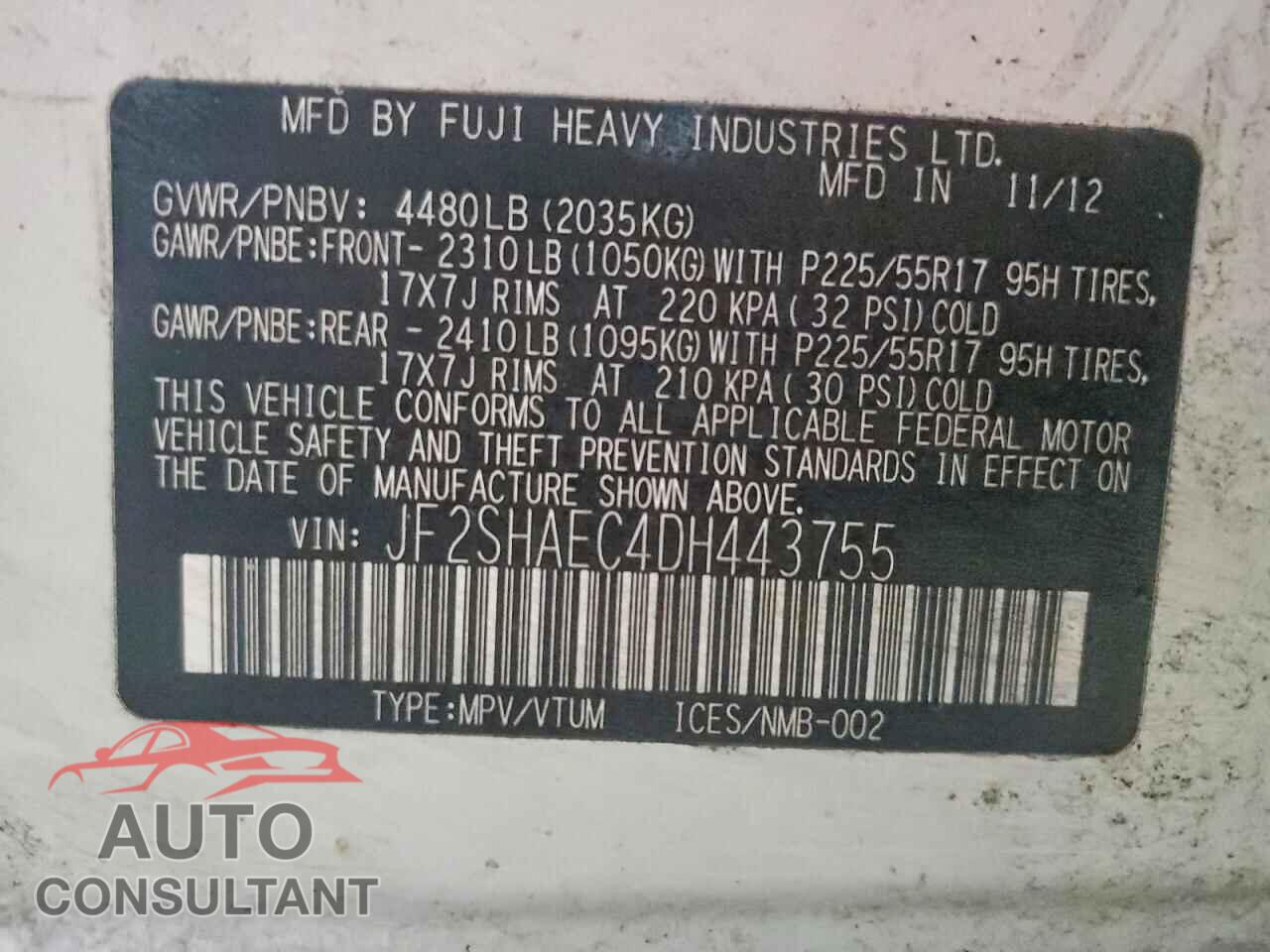 SUBARU FORESTER 2013 - JF2SHAEC4DH443755