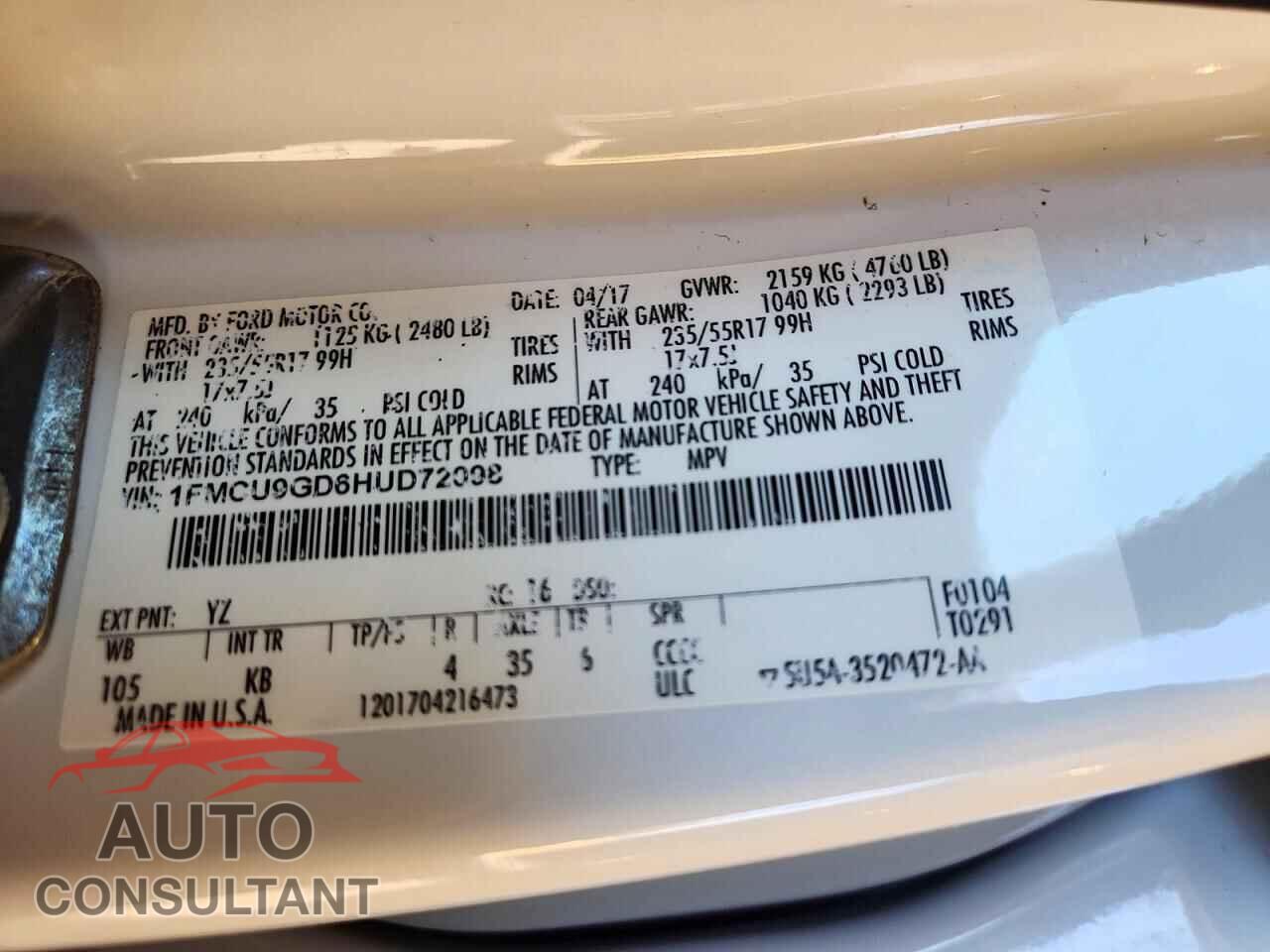 FORD ESCAPE 2017 - 1FMCU9GD6HUD72098