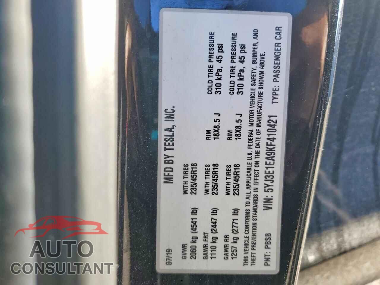 TESLA MODEL 3 2019 - 5YJ3E1EA9KF410421