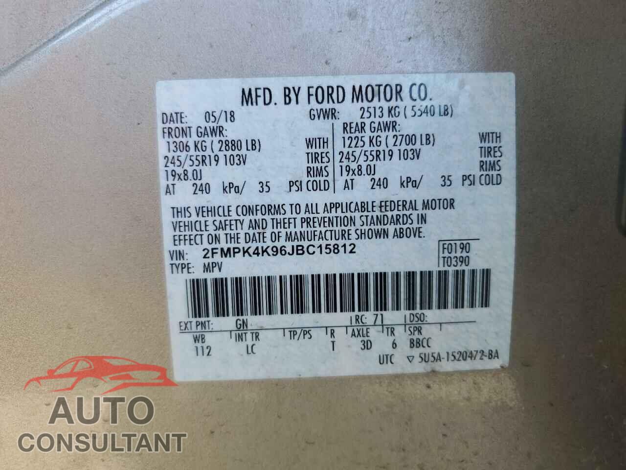 FORD EDGE 2018 - 2FMPK4K96JBC15812