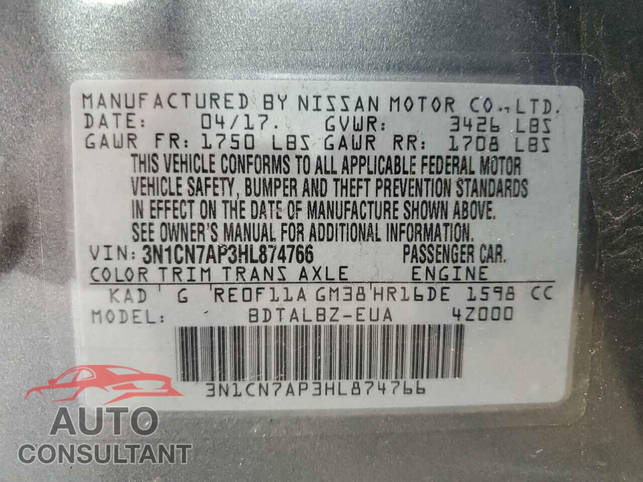 NISSAN VERSA 2017 - 3N1CN7AP3HL874766