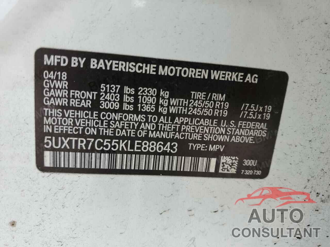 BMW X3 2019 - 5UXTR7C55KLE88643