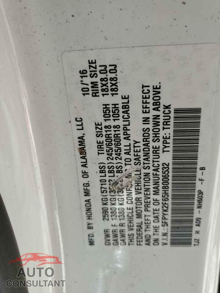 HONDA RIDGELINE 2017 - 5FPYK2F65HB006532