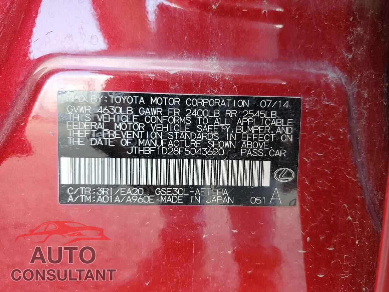 LEXUS IS 2015 - JTHBF1D28F5043620