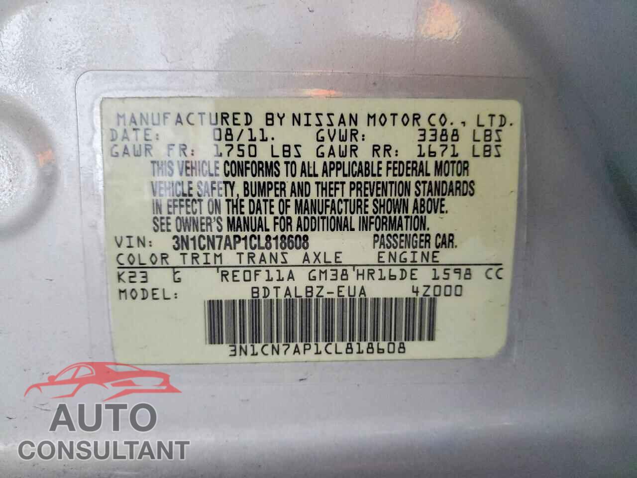 NISSAN VERSA 2012 - 3N1CN7AP1CL818608