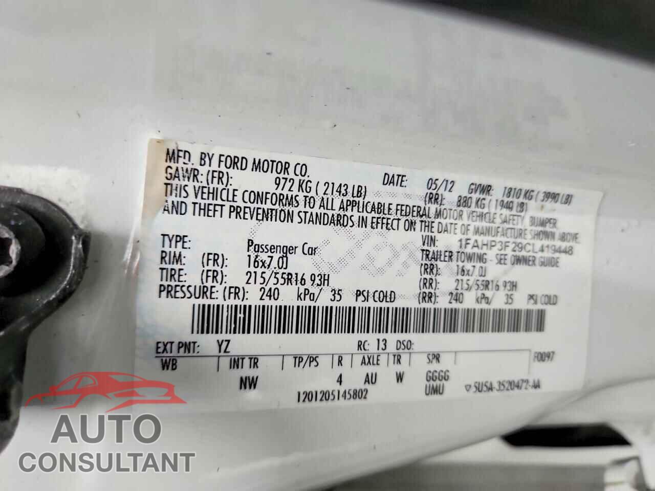 FORD FOCUS 2012 - 1FAHP3F29CL419448