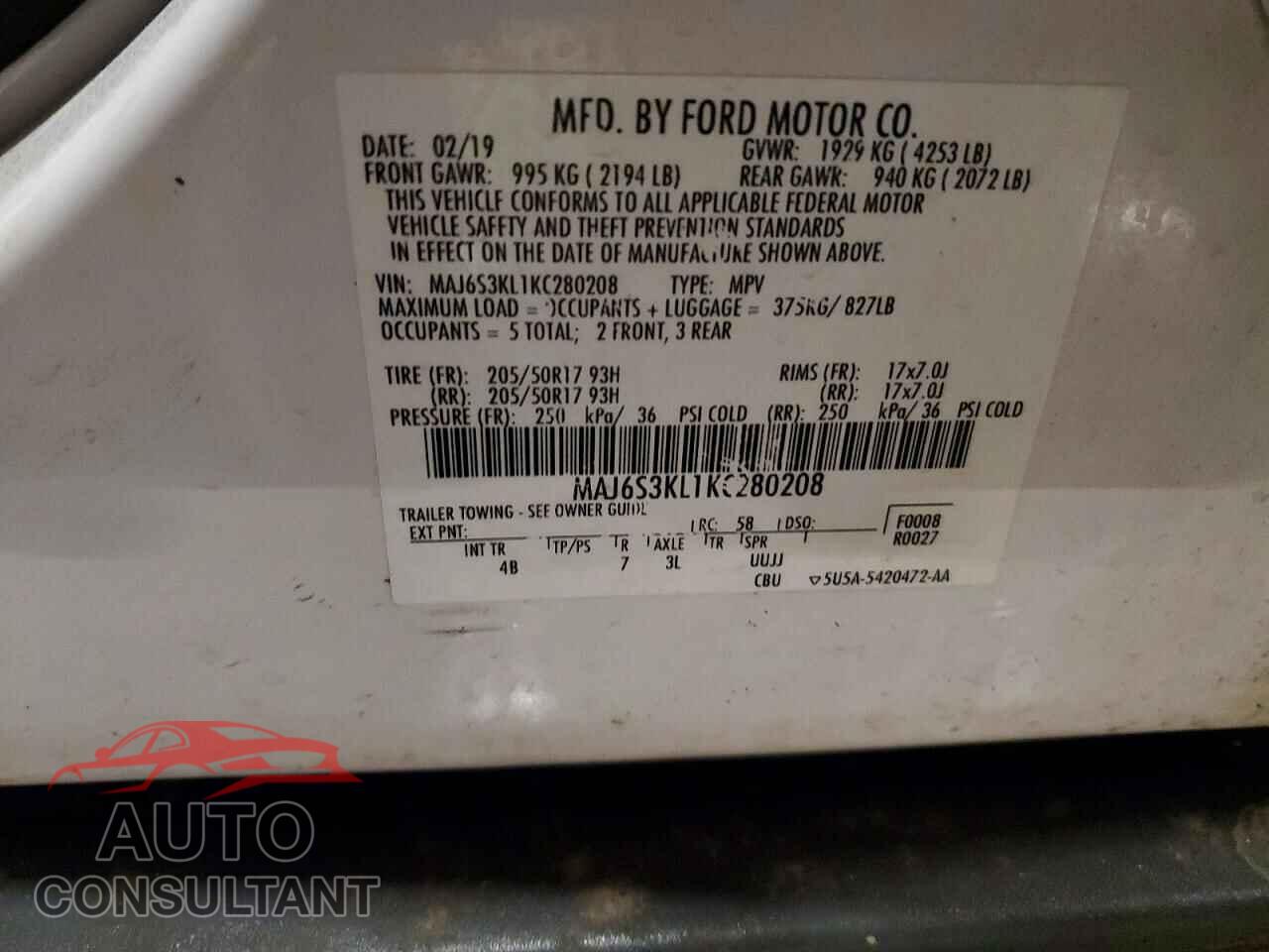 FORD ECOSPORT 2019 - MAJ6S3KL1KC280208