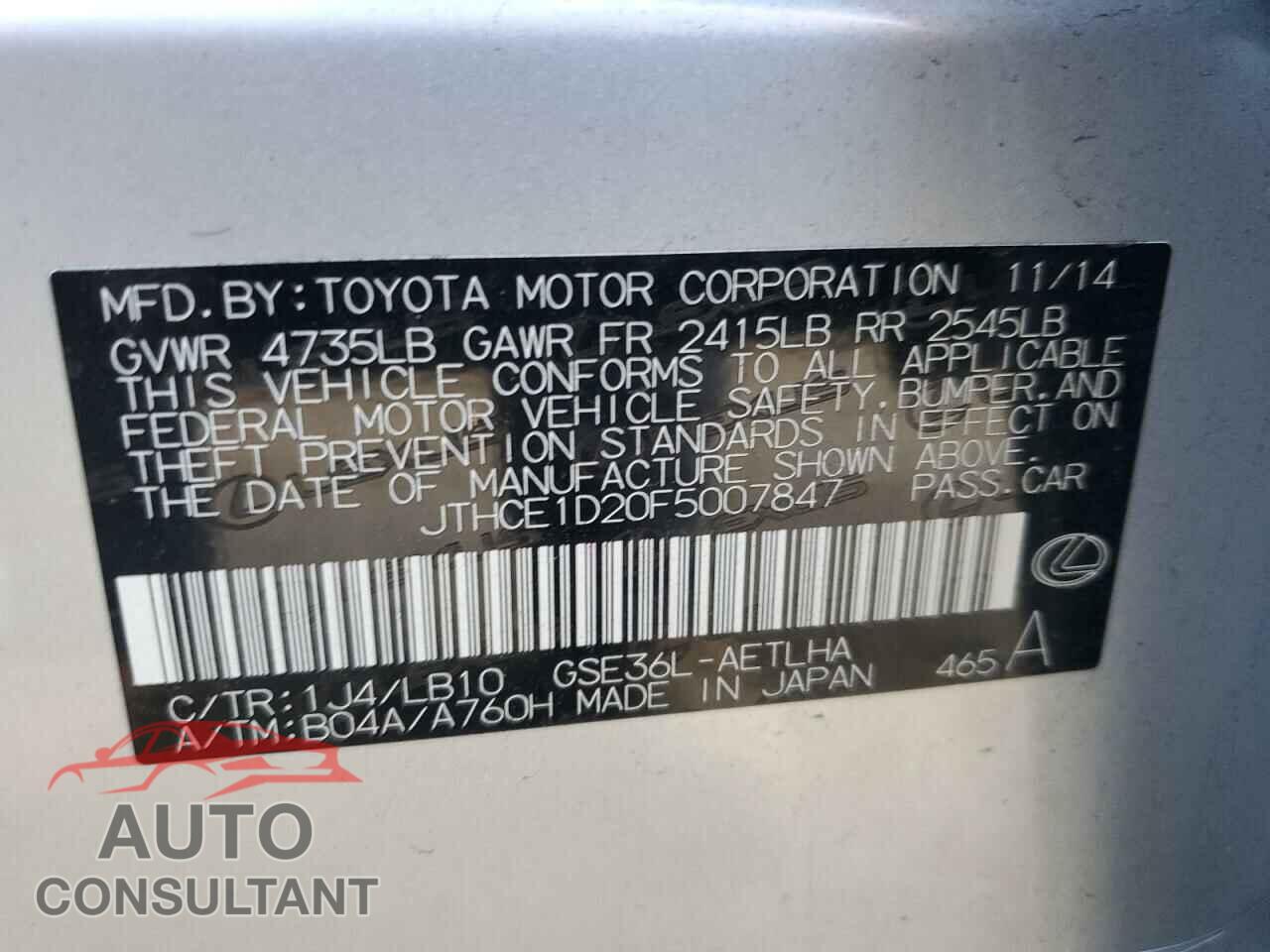 LEXUS IS 2015 - JTHCE1D20F5007847