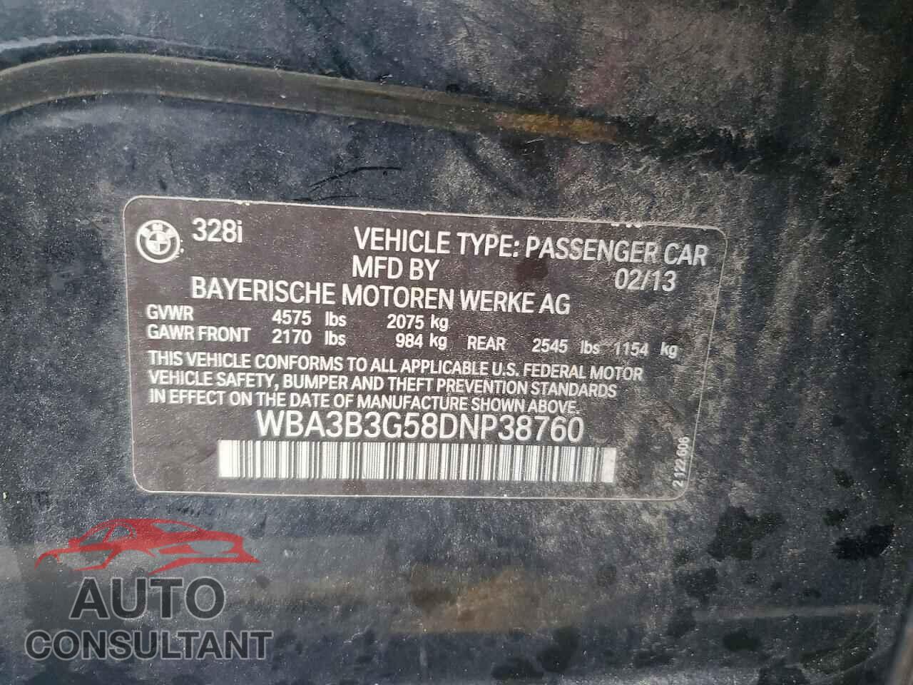 BMW 3 SERIES 2013 - WBA3B3G58DNP38760