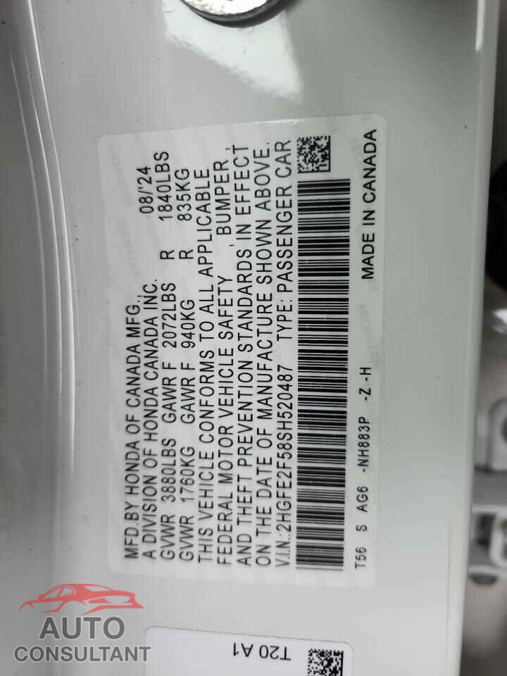 HONDA CIVIC 2025 - 2HGFE2F58SH520487