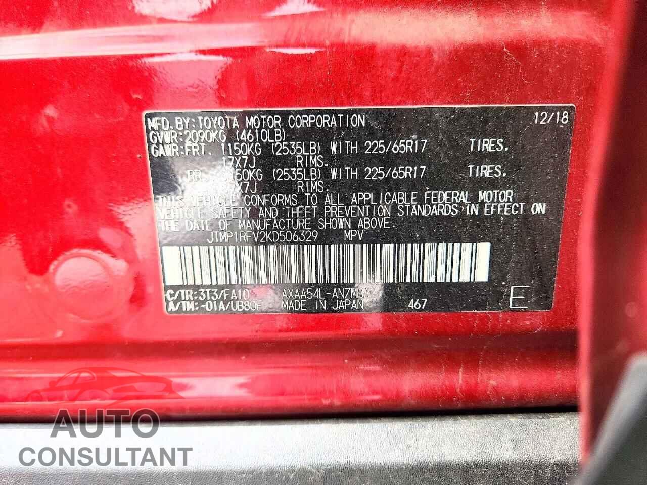TOYOTA RAV4 2019 - JTMP1RFV2KD506329