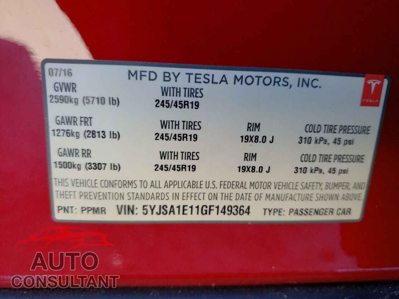 TESLA MODEL S 2016 - 5YJSA1E11GF149364