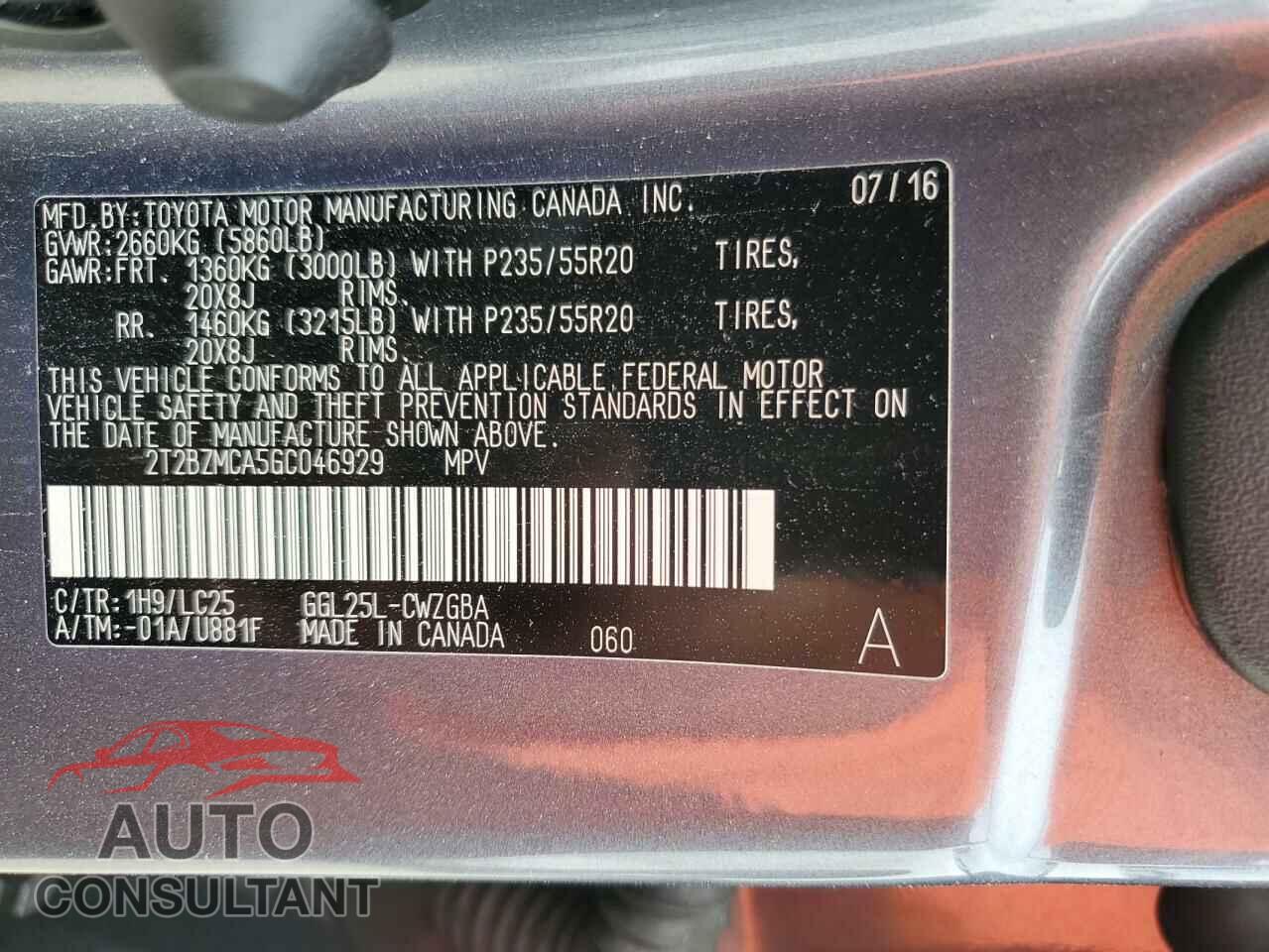 LEXUS RX350 2016 - 2T2BZMCA5GC046929