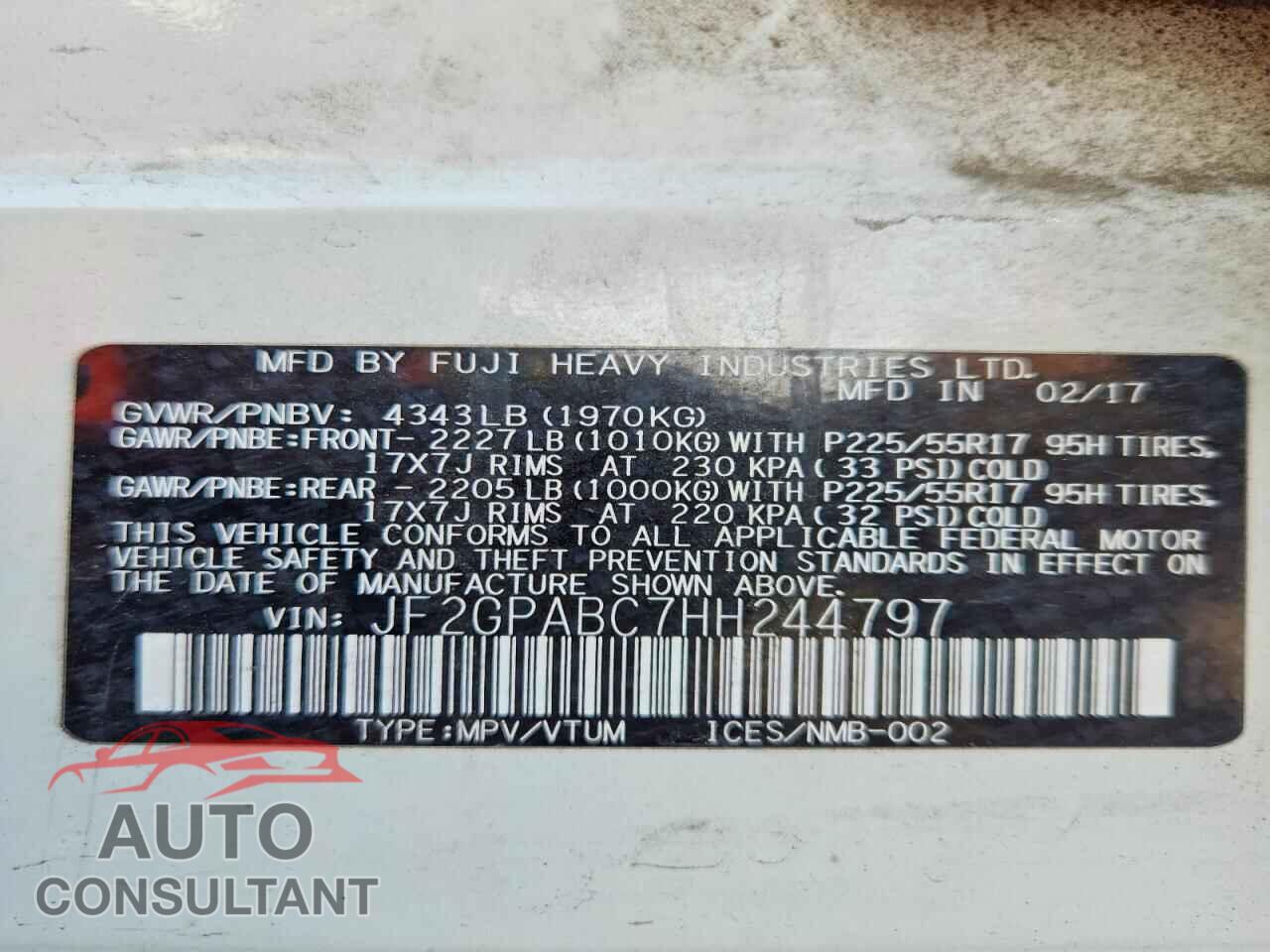 SUBARU CROSSTREK 2017 - JF2GPABC7HH244797