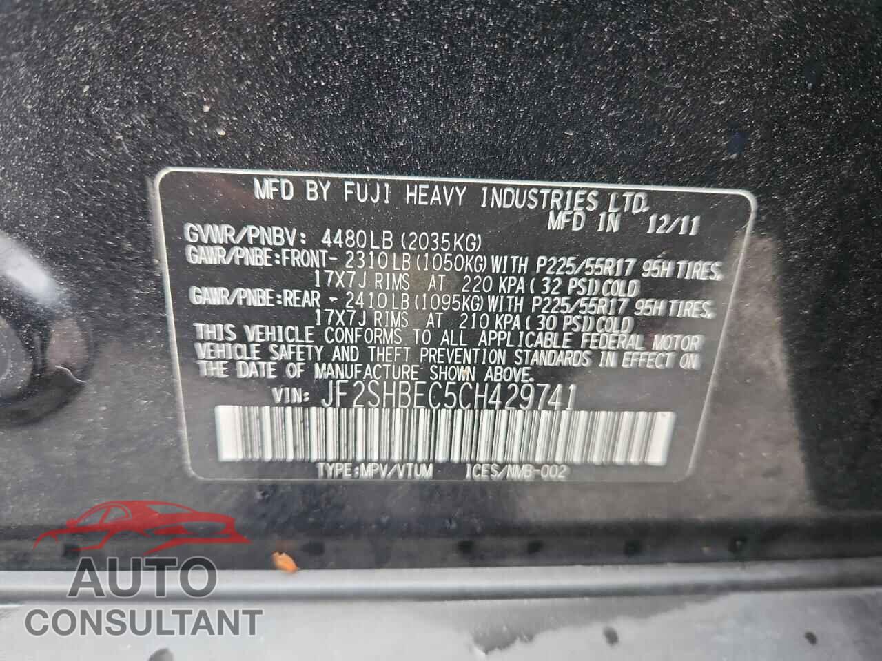 SUBARU FORESTER 2012 - JF2SHBEC5CH429741