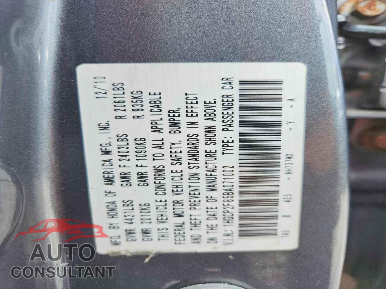 HONDA ACCORD 2011 - 1HGCP2F85BA071002