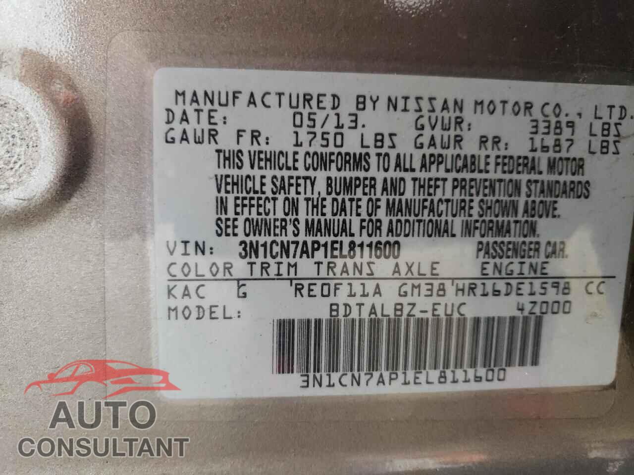 NISSAN VERSA 2014 - 3N1CN7AP1EL811600