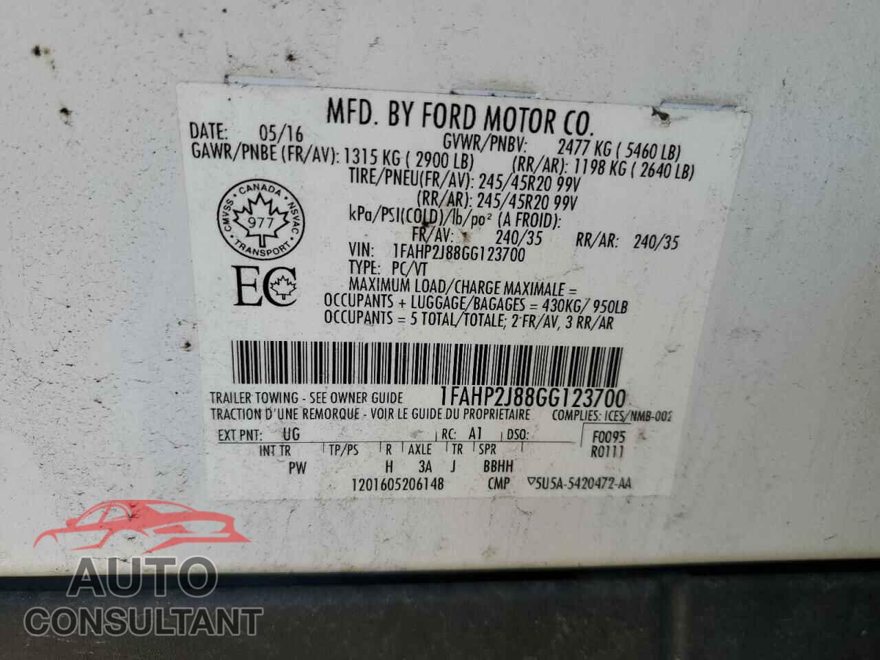 FORD TAURUS 2016 - 1FAHP2J88GG123700