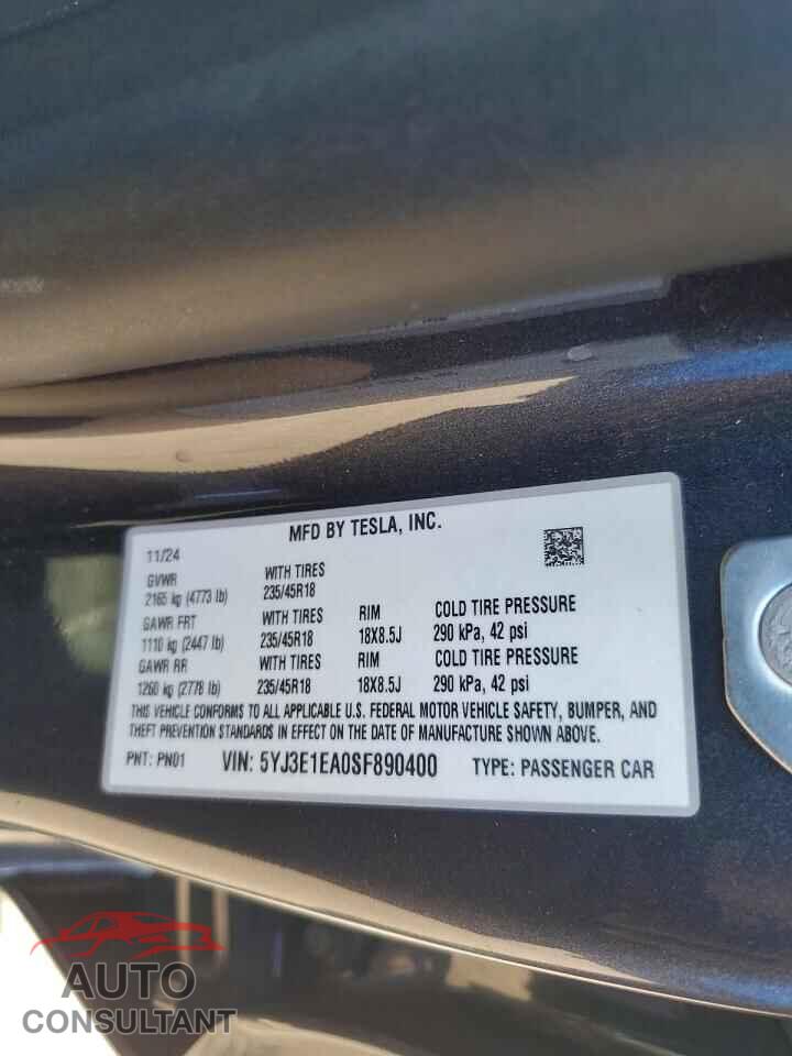 TESLA MODEL 3 2025 - 5YJ3E1EA0SF890400
