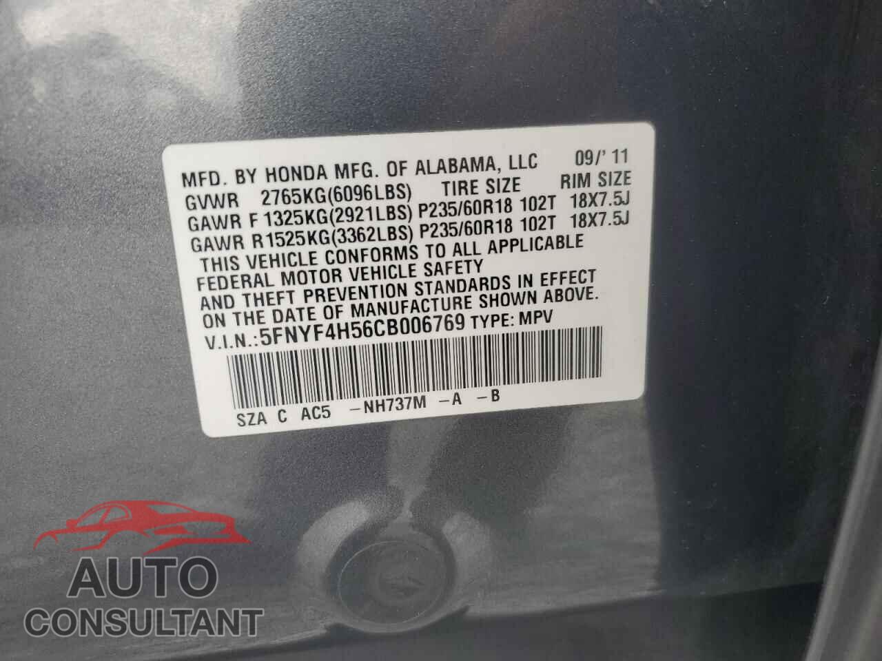 HONDA PILOT 2012 - 5FNYF4H56CB006769
