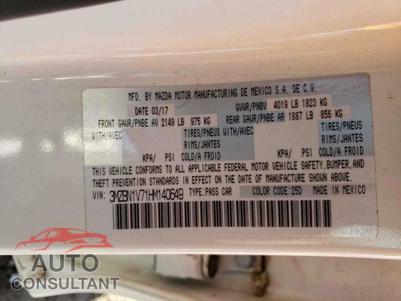 MAZDA 3 2017 - 3MZBN1V71HM140649