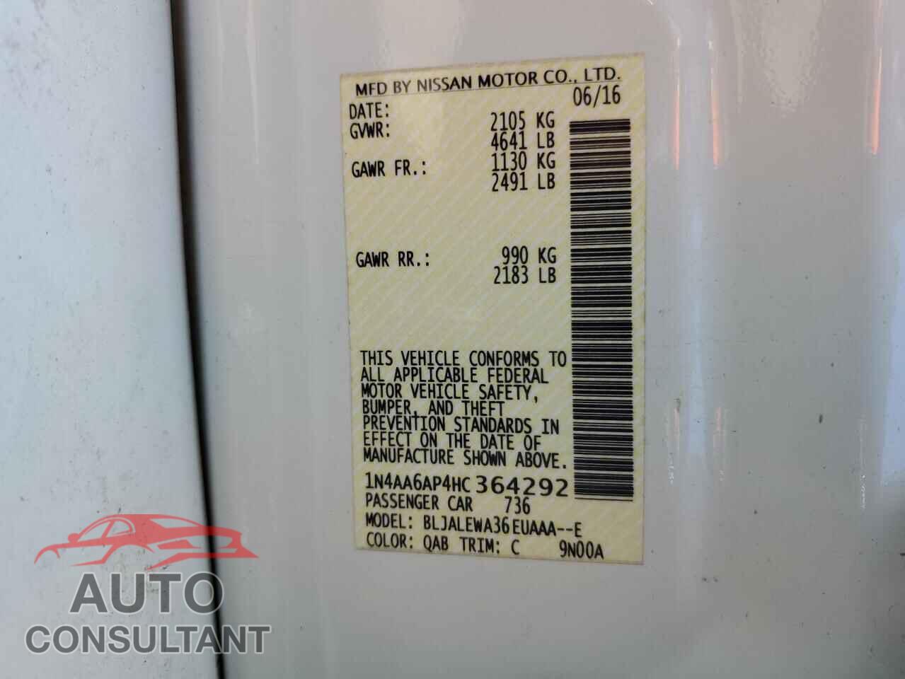 NISSAN MAXIMA 2017 - 1N4AA6AP4HC364292