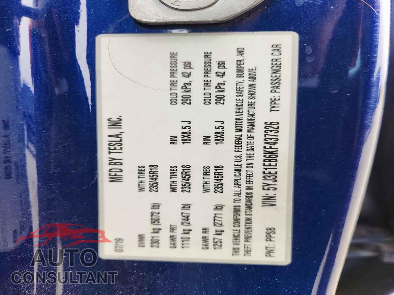 TESLA MODEL 3 2019 - 5YJ3E1EB6KF437326