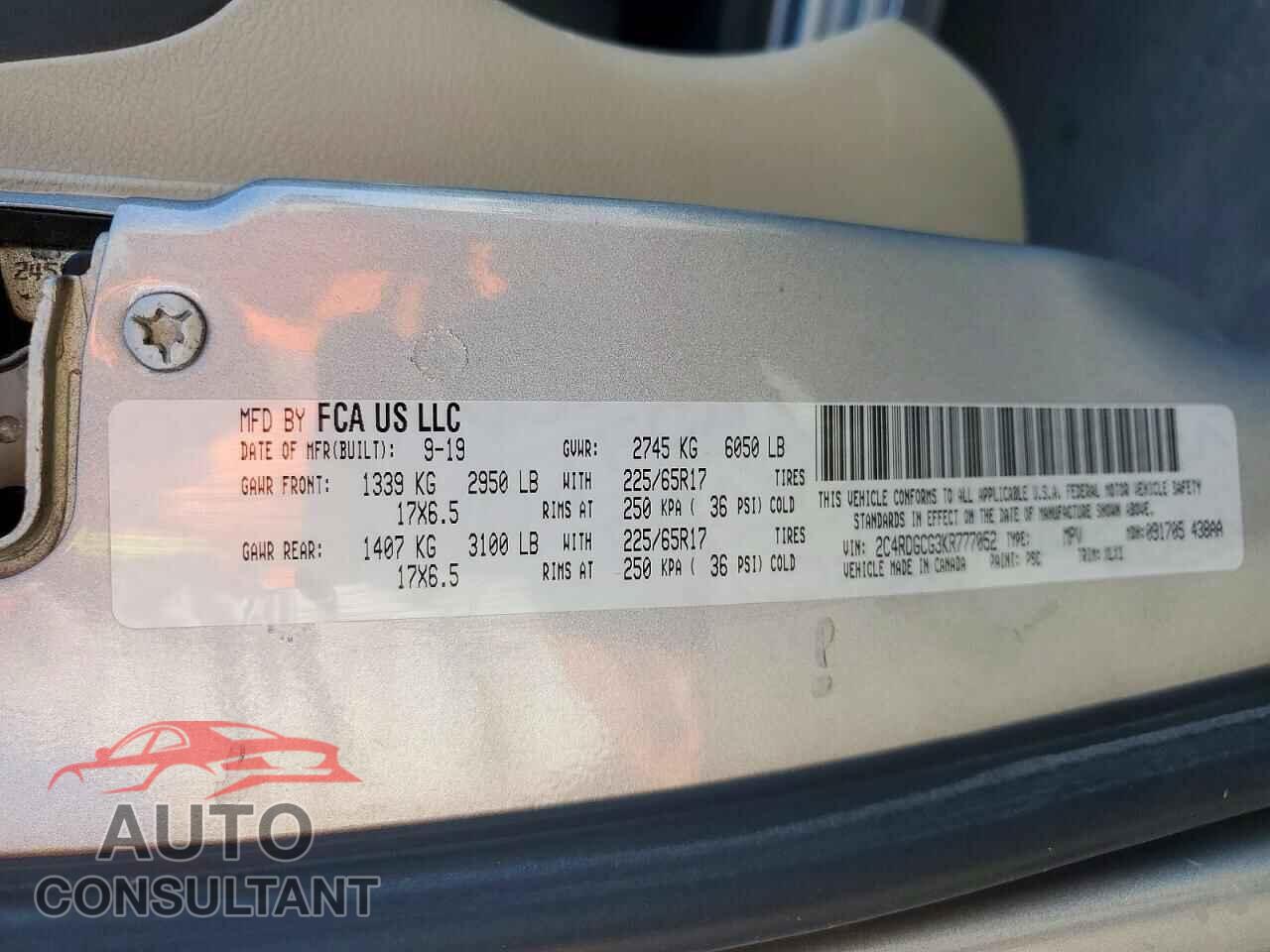 DODGE CARAVAN 2019 - 2C4RDGCG3KR777052