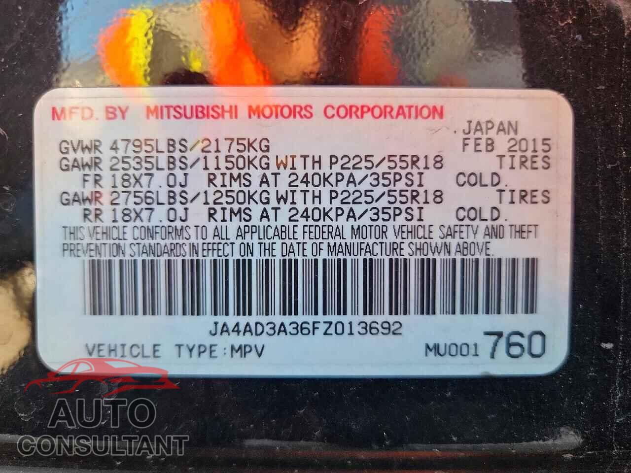 MITSUBISHI OUTLANDER 2015 - JA4AD3A36FZ013692