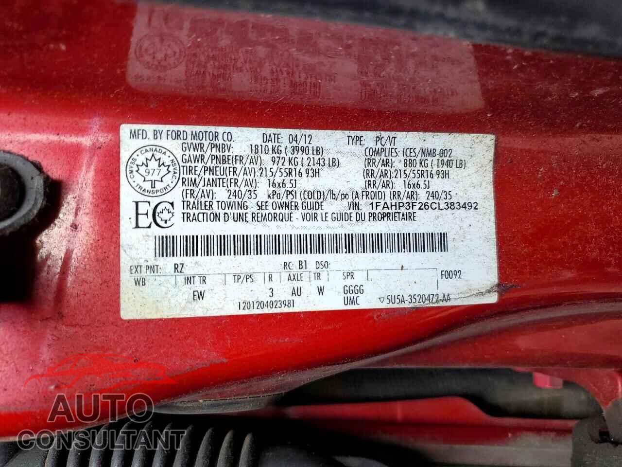 FORD FOCUS 2012 - 1FAHP3F26CL383492