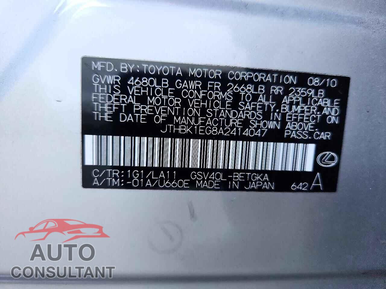 LEXUS ES350 2010 - JTHBK1EG8A2414047