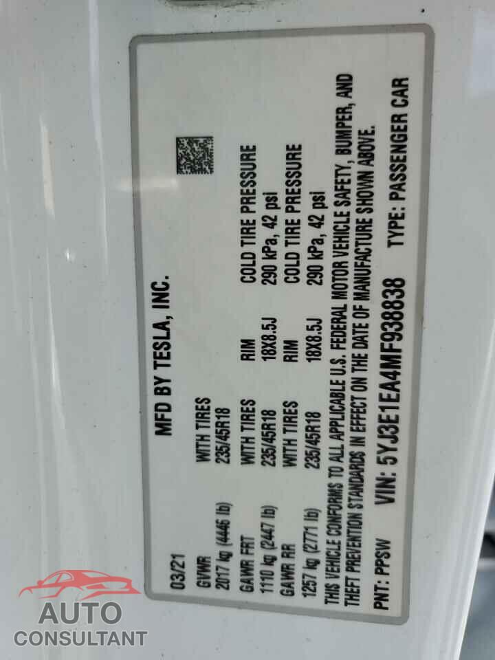 TESLA MODEL 3 2021 - 5YJ3E1EA4MF938838