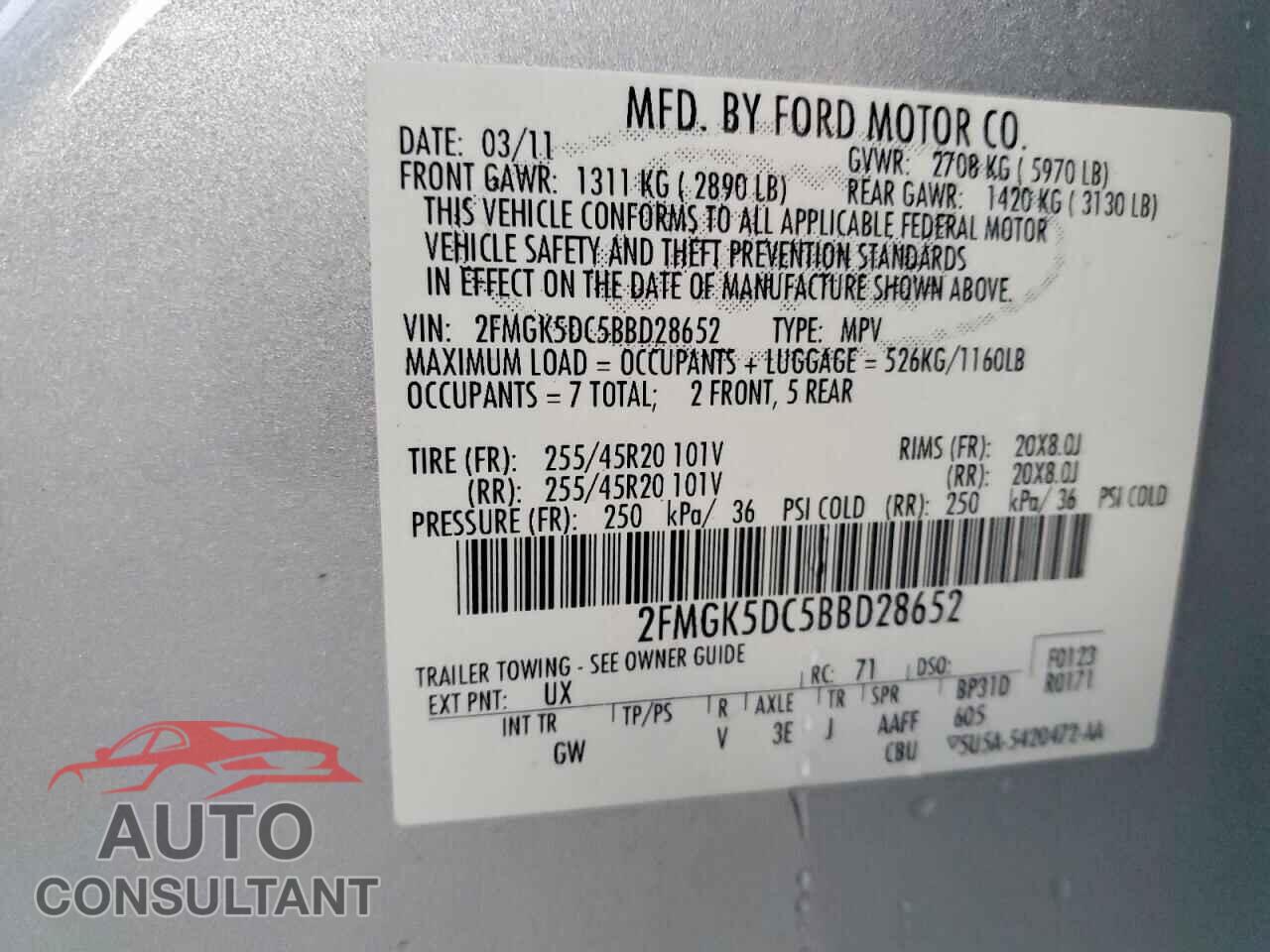 FORD FLEX 2011 - 2FMGK5DC5BBD28652