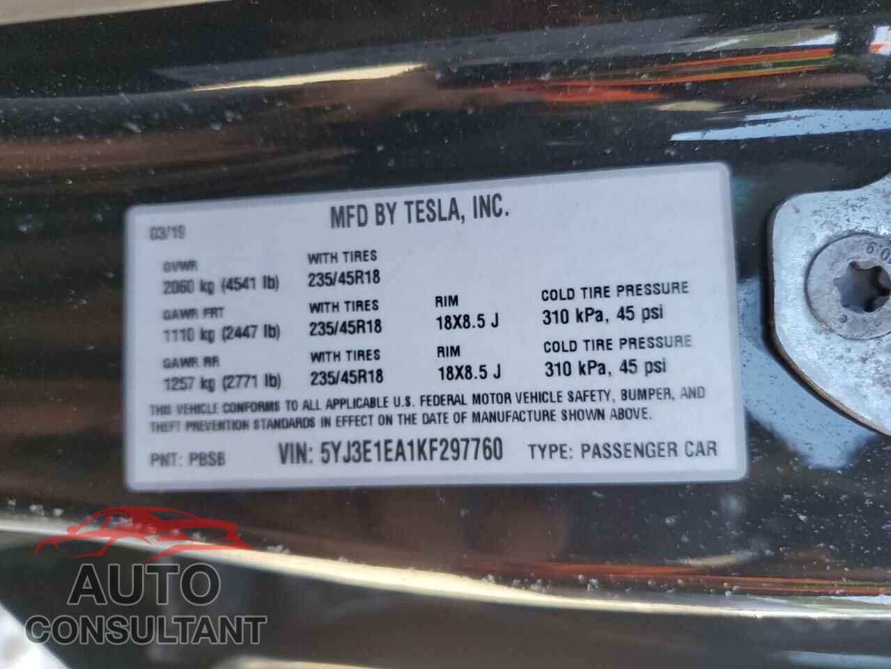 TESLA MODEL 3 2019 - 5YJ3E1EA1KF297760