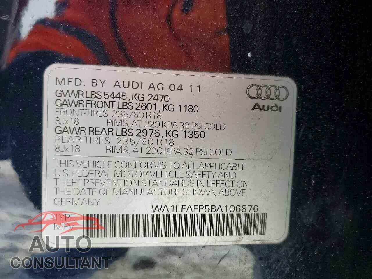 AUDI Q5 2011 - WA1LFAFP5BA106876